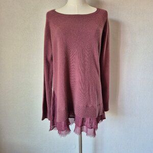 Garnet Hill Shirttail Cashmere Silk Lace Trim Sweater Crew Neck Mauve